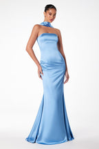 Vestido satin largo strapless