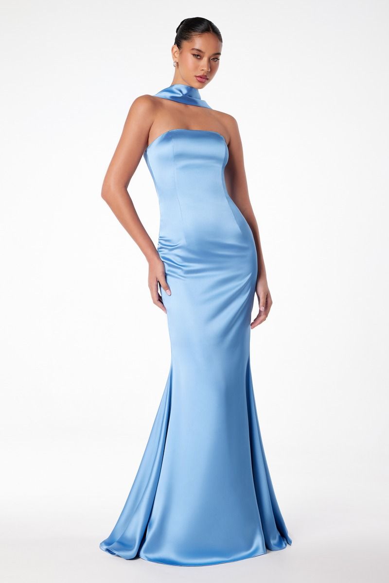 Vestido satin largo strapless