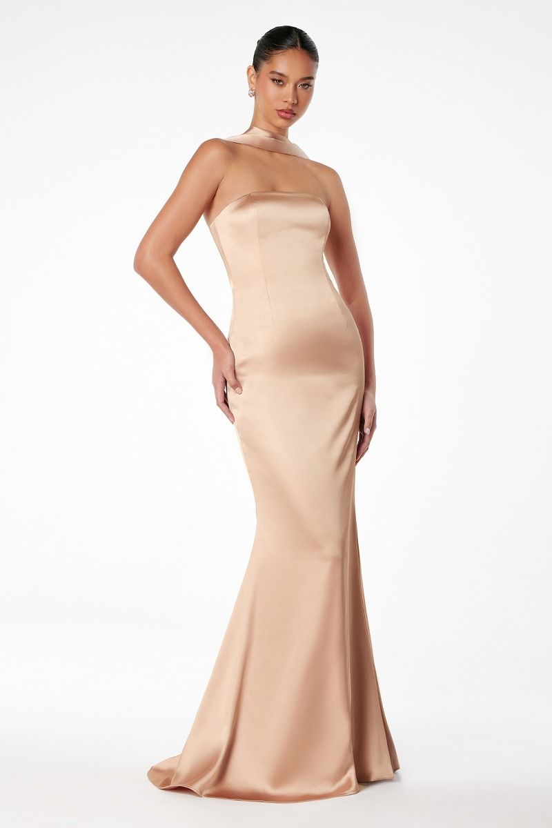 Vestido satin largo strapless