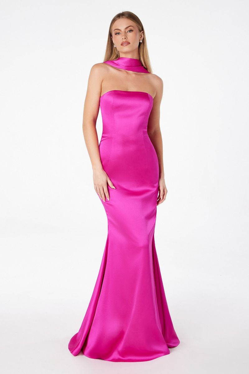 Vestido satin largo strapless